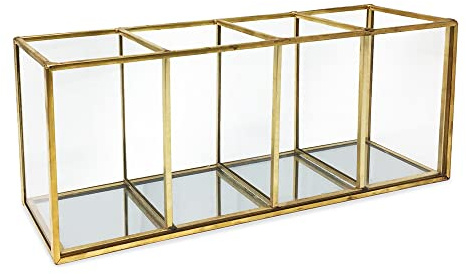 Isaac Jacobs Organizer mit 4 Fächern, Make-up-Pinselhalter, Vintage-Stil, Messing und Glas, Aufbewahrungslösung mit Spiegelfuß, Büro, Bad, Küchenzubehör und mehr (Antikgold)