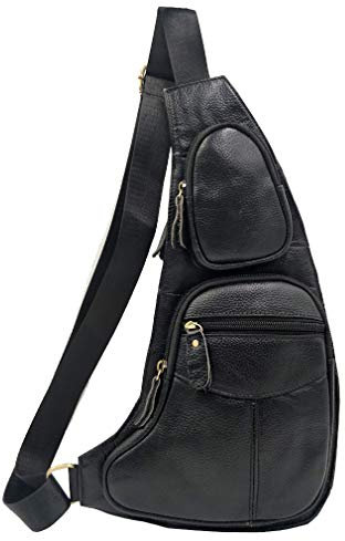 Xieben Leder Schultertasche Sling Brusttasche Crossbody Pack für Herren Damen Reisen Draussen Beiläufig Schulter Tasche Pack Rucksack Tagesrucksack Schwarz