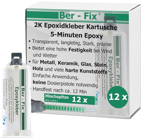 Ber-Fix 2k Kleber - Epoxidharz Kleber 30 Min echter Epoxy Kleber 2 Komponenten Kleber Kunststoff Metall Glas Stein Beton Holz 12x 50g Kartusche