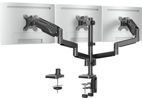 ELIVED Triple Monitor Arms - Adjustable Gas Powered Desk Mount for 3 Monitors - 13-27 Inch, VESA 75x75/100x100, C-Clamp and Grommet Base