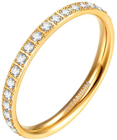 Zakk Eternity Ring 2mm Damen Ewigkeitsringe Titan Verlobungsringe Eheringe Trauringe Memoirering mit Zirkonia Silber Gold Rosegold（Gelbgold, 62 (19.7)）