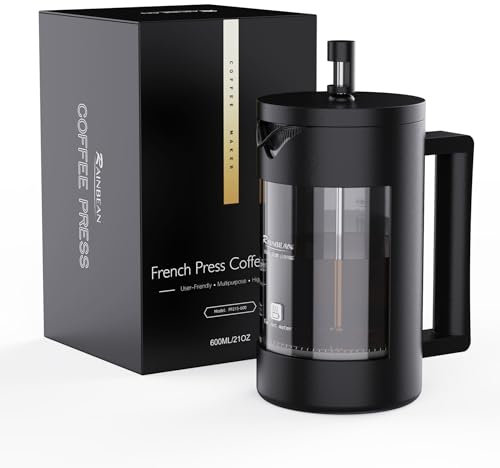 RAINBEAN Cafetiere Coffee Press 4 Cups/600ml, Glass French Press Coffee Maker - 3 Level Filtration System, Heat Resistant Borosilicate Glass, Easy Clean, BPA Free