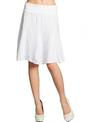 Caspar Damen Midi Sommer Leinenrock Knielang Sommerrock mit Stretch Bund - RO014, Farbe:weiß, Mode Größe:M-L