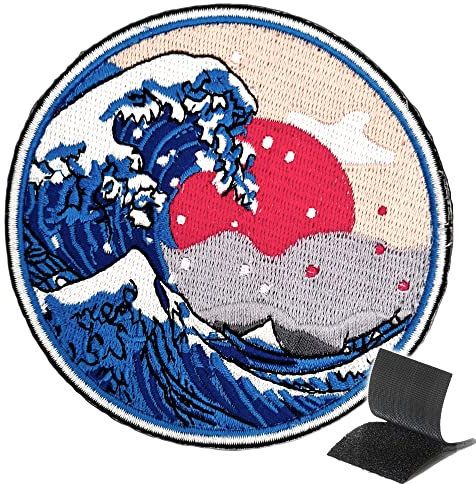 INFANTRYPRO Patch Kanagawa Vague 9cm Style Hokusai Ecusson Japonais Fixation Scratch Patch Grande Vague Kanagawa Broderie Japon Asie Sac à Dos Veste Jean DIY/Thermocollant repasser,coudre dispo en ba