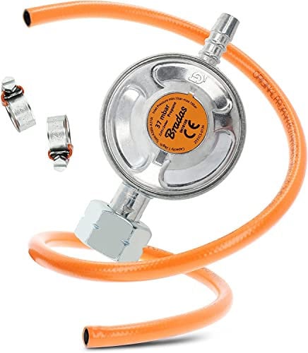 Bradas Gasschlauch Mit Druckregler Gasregler 37mbar, 1,5kg/h, Mit Sicherheitsventil | Propan-butan-anschluss-set Mit 1 M Schlauch & 2 Schlauchschellen | Ideal Für Camping Gasgrill, Gaskocher, Lampen