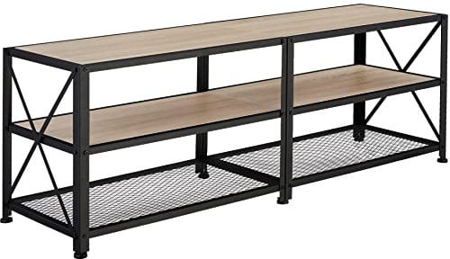 tectake® TV-Schrank, Lowboard Fernseher bis zu 60/70 Zoll, 141/161 cm, Industrie-Design, Fernsehtisch mit offenen Fächern, Holz, schwarzes Metallgestell (Industrial Holz hell, Eiche Sonoma, 141 cm)