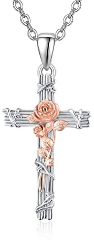 KINGWHYTE Crucifix Necklace for Women 925 Sterling Silver Rose Cross Pendant Mothers Day Jewellery Gifts for Mum Wife Grandmother Girlfriend