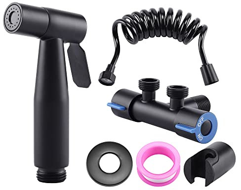 Mogokoyo Bidet Handbrause für Toilette Schwarz Bad Bidet Aufsatz mit Waschen Duschkopf Federschlauch Wandhalterung Dreiwege Ventil WC, Badezimmer Hygiene&Windelreinigung (Schwarz)