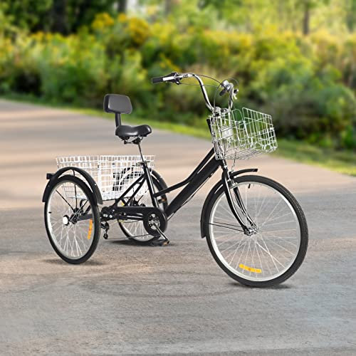 24 Dreirad für Erwachsene, 7 Geschwindigkeit 3 Rad Fahrrad Dreirad mit Korb and Einer Warnhandglocke Rückenlehne Adult Trike Tricycle