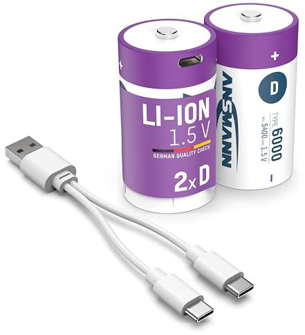 ANSMANN Akku Mono D 5400 mAh USB wiederaufladbar 1,5V, 2 Stück, Typ-C Anschluss, LED-Ladeanzeige, für Fernsteuerung, Controller, Lampen, Spielzeug, Funkgeräte