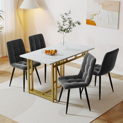 Dolamaní Esstisch mit 4 Stühlen Set, Samt Küchenstuhl, Polsterstuhl mit Rückenlehne, Marmor Küchentisch Set, Gerade Tischbeine 120x 70cm in Gold, Grau