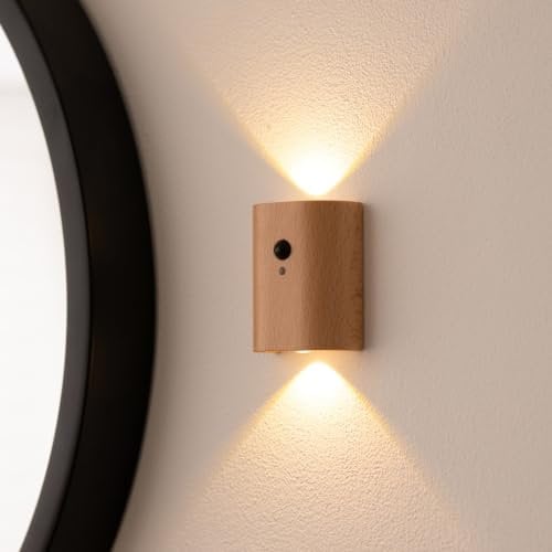 Auraglow Rechargeable Wooden Wall Light Motion Sensor PIR Portable Cordless Wireless Automatic Battery Indoor Hallway, Stairway, Porch Smart Night Lamp (Beech, 4 Pack)