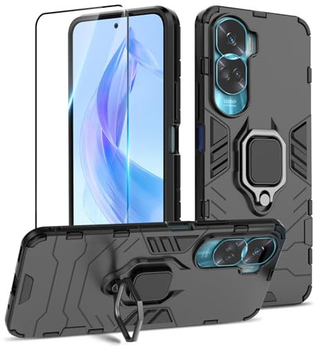 Btstring Funda para Honor 90 Lite / x50i con Cristal Templado Protector Pantalla, Carcasa Antigolpes con Soporte anular metálico, Case Protectora Reforzada de Calidad Militar a Prueba de Golpes, Negro
