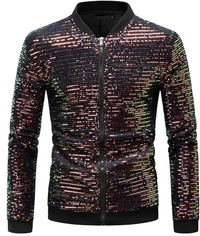 Beokeuioe Herren Metallic Pailletten jacke Baseball Bomberjacke 70er Disco Party Kostüm Karneval Outfit Streetwear Glänzende Nachtclub Wetlook Bomber Jacke kurze mit Reißverschluss