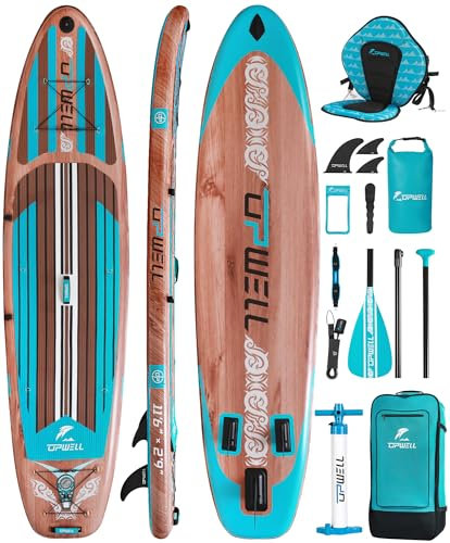 UPWELL 350x84x15cm Aufblasbares Paddle Board Sup - Stand Up Paddling Board mit Kajaksitz Surfbrett Erwachsene Paddleboard, Timber