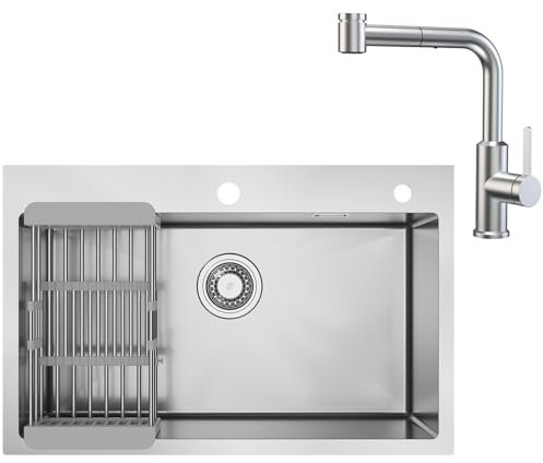 CECIPA 70 x 45 CM Fregadero Cocina 1 Seno con Grifo Cocina Extraible, Fregadero Multifuncional Inox con Escurridor