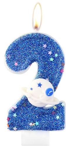Star Number 2 Candle, 2nd Birthday Cake Candle, Glittering Birthday Party Cake Blue Topper, Space Theme Party Decoration for Boys Girls