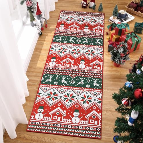 LuxFocus Christmas Area Rug Red Snowman Bedroom Living Room Runner Rug Soft Non Slip Washable Indoor Mat Holiday Decor Laundry Dining Room Floor Carpet 60x180 cm