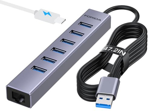 7 Ports USB 3.0 Hub, USB-zu-Netzwerk-Hub mit 6 USB 3.0-Datenports, Gigabit-Ethernet-Port und 5V/3A -Stromanschluss,USB-Aluminiumerweiterung für Laptop, IMAC, PC, USB-Flash-Laufwerke usw.