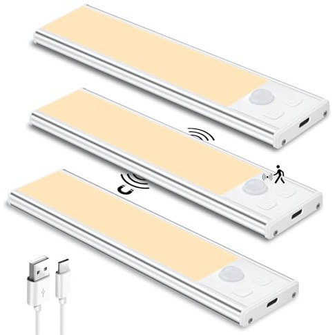 TOPPLEE Luz de Armario, 3 Piezas 3000K Luz Nocturna con Sensor Movimiento, USB Recargable LED Armario para Gabinete, Cocina, Escalera, Pasillo, Sótano, Garaje - Blanco Cálido