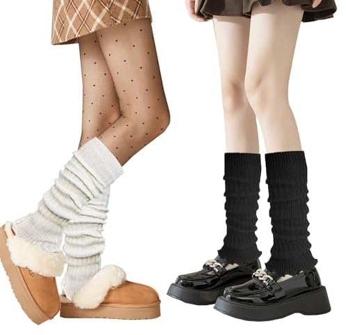 Cosysparks 2 Pairs Leg Warmers for Women, Ribbed Knit Leg Warmer 80s Black & White Long Leg Warmer Ladies Winter Leg Warmers for Party Yoga Ballet Dance Ice Skating Accessories