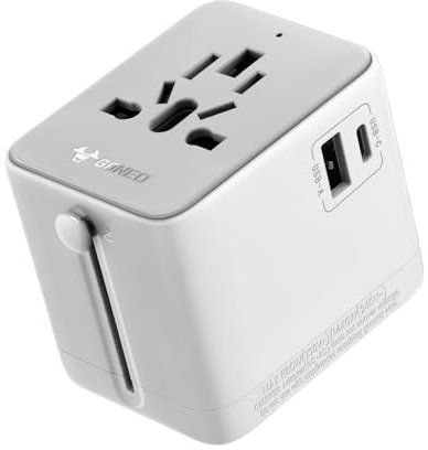 GONEO Adaptateur de Voyage Universel 15W avec USB A USB C Type A AC Adaptateur de Prise Internationale pour EU UK USA Japan Chargeur Universel Gris Clair