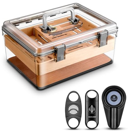 CLZOONG Acryl Zigarren Humidor Set mit Luftbefeuchter und Hygrometer, transparenter Humidor Fall Eingebautes Zedernregal, tragbarer Desktop Humidor Box Lagerung für etwa 80 Zigarren (Medium)