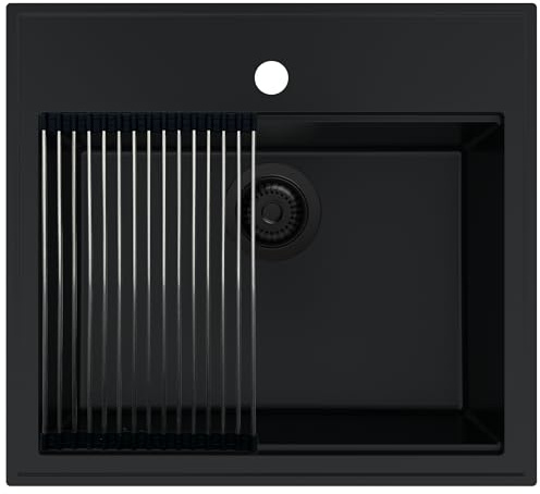 SINK Quality Lavello Cucina 1 Vasca nero 56 x 51 cm - Sifone nero e impregnazione inclusi - Lavandino in Granito Cucina al mobile 60 cm