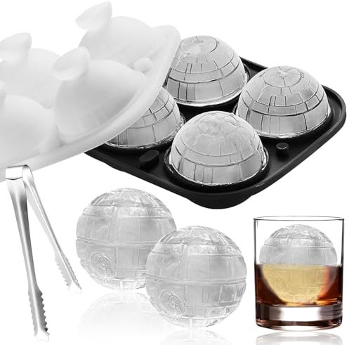 Eiswürfelform Kugel Silikon 4 XXL Groß Eiskugelform mit Deckel Eiswürfel-Clip 6cm Todesstern Runde Silikon Eiskugelform lustig Eiswürfel Kugel für Cocktail, Whisky, Getränk