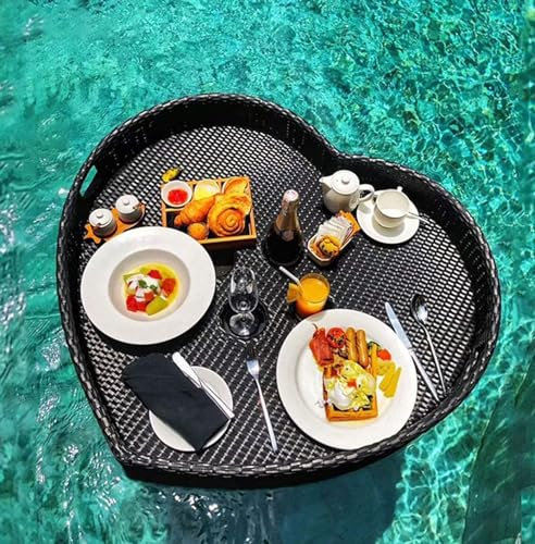 ITETONE Schwimmendes Tablett für den Pool, herzförmiger Rattan-Billardtisch, schwimmendes Frühstückstablett auf dem Wasser, Schwimmbecken-Schwimmhilfen für Partys, Hochzeiten, Schwarz