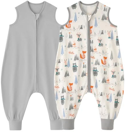 Looxii 2er Pack Baby Sommerschlafsack mit füßen 0.5 Tog Schlafsack Baby 100% Baumwolle Baby Schlafsack für Kinder 3-4 Jahre Jungen Mädchen 90 cm Grey Forest