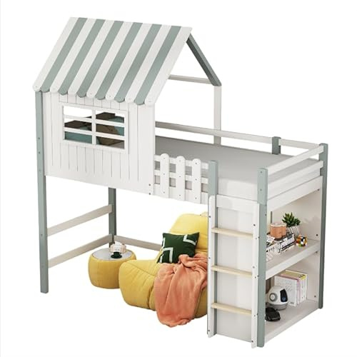 Goldicoo Halb Hochbett Kinderbett 90x200 mit Dach Blau