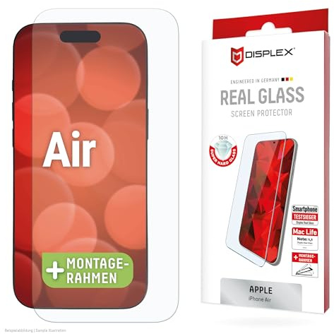 Schutzglas für iPhone Air (10H), kristallklar, mit Eco-Montagerahmen | DISPLEX Real Glass, 10H Panzerglas, Bruchschutz, extra-harte Kanten, kratzfest, Anti-Shock, kristallklar, hüllenfreundlich