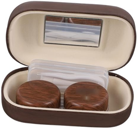 PACKOVE Contacts Case and Holder Set, Large Diameter Leakproof Dual Compartments with Vintage Dark Brown Leather Wood Grain, Practical Eye Storage for Travel and Daily Use