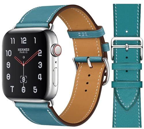 Fsavlroy Bracelet Cuir Compatible avec Apple Watch 49mm 46mm 45mm 44mm,Fin Cuir Véritable Bracelet pour iWatch Ultra 3/2/1 Series 11/10/9/8/7/6/5/4/(SE 3 2 1),Bleu Clair