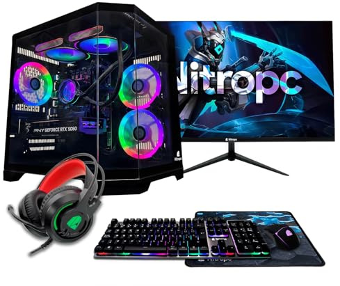 NitroPC - Pack Gold Plus | PC Gaming Completo (Intel Core i5 14400F 4/8 4.7GHz, RTX 3050 8GB, RAM 16GB, M.2 1TB, Windows 11 PRO, RGB | WiFi, Monitor 24, Tastiera, Mouse, Cuffie) PC fisso (Nero)