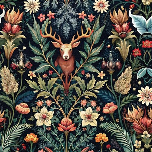 LZH-LP Selbstklebende Tapete, Weihnachts Hirsch Blumen Pflanzenwald Wald Tier Pflanze Blume Abziehen und Aufkleben Kontaktpapier, 44x600CM Vintage-Dunkelblau-Muster Abziehbare Tapete Dekofolie