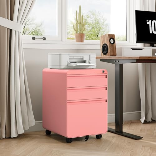 Dripex 3-Drawer Mobile File Cabinet for A4 File, Lockable Rolling Metal Vertical Filling File Cabinet with Hanging File Frame and Anti-tilt Design Office Fully Assembled Except Wheels, Pink