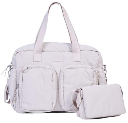 CHILDHOME, Wickeltasche Mellow, Gepolsterte All-In-One Nursery Tasche, Mehrere Fächer, Thermotasche, Feuchttücher Fach, Zubehör Inklusive, Beige