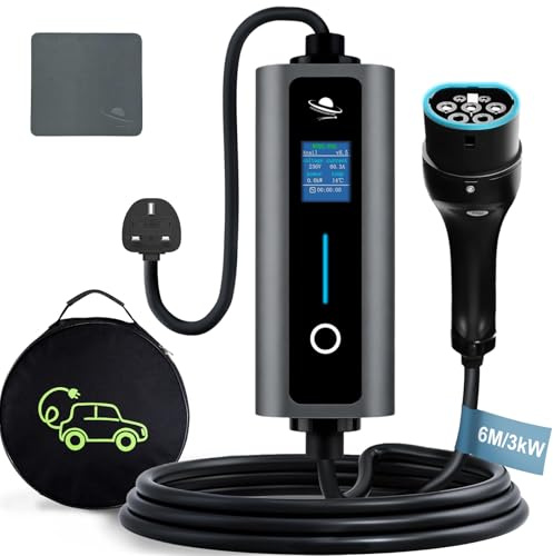 LEISHENG ENERGY 3.3kW Portable EV Charger Type 2 to UK 3 Pin Plug, 6M Cable, Adjustable 8A/10A/13A, Delay Timer, LCD Display, Type A RCD,for EV & PHEV Home Charging IP55 Waterproof Grey 6M
