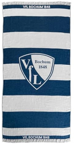 VFL Bochum Strandtuch Blockstreifen – Offizielles Fan Badetuch 100% Baumwolle (GOTS Zertifiziert) – Großes Strandlaken, saugstark & weich – Fußball Fanartikel Blau Weiß