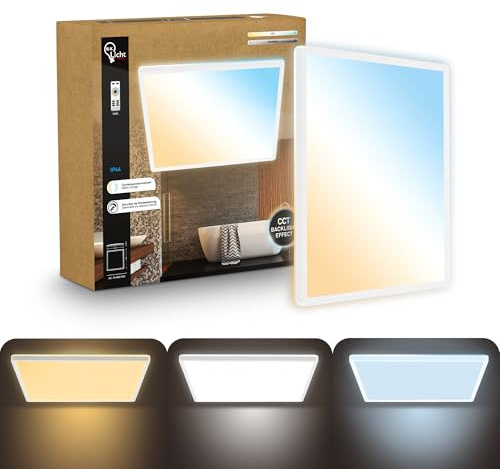 B.K.Licht - LED Deckenlampe, Flach, Dimmbar, Indirektes Licht, CCT warmweiß bis tageslichtweiß, IP44, Panel, Deckenleuchte, Kinderzimmer, Wohnzimmerlampe, Badezimmer Lampe, 42x42x3 cm, Weiß