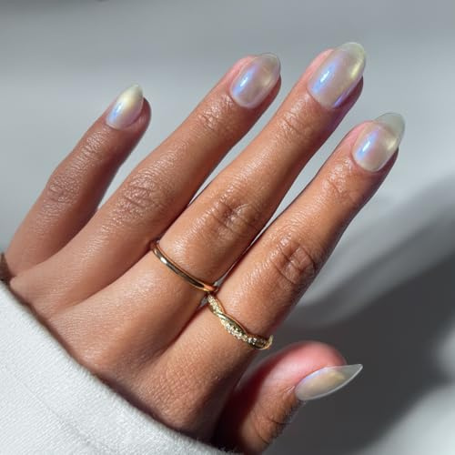 Glamnetic Press On Nails - Silver Siren | Short Oval Fake Nails in Grey with Blue Chrome Aura Design, Glossy Finish, Salon Quality | 15 Sizes - 30 Nail Kit with Glue
