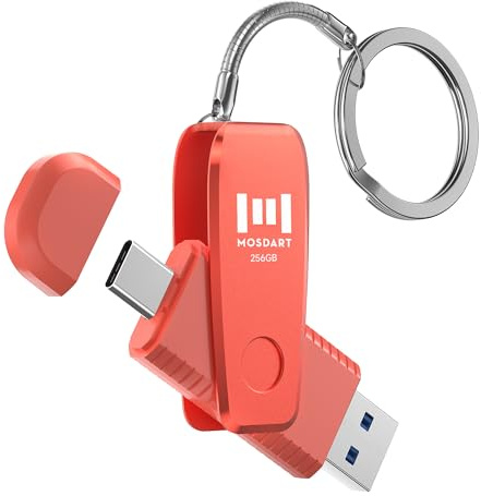 MOSDART exFAT Dual Type C Flash Drive, USB 3.1 + USB A Memory Stick with Keychain, 2-in-1 USB-C Thumb Drive for iPhone 15,16,17, Android Phones, iPad, MacBook, and Laptops, Orange