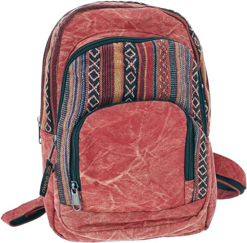 GURU SHOP Rucksack, Stonewash Freizeitrucksack, Ethno Look Rucksack - Rot, Herren/Damen, Grün, Baumwolle, Size:One Size, 30x25x13 cm, Ausgefallene Stofftasche