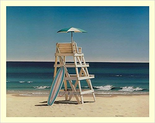 buyartforless Work Life Poster Stand and Surfboard von Daniel Pollera, 71 x 55 cm, weißer Rahmen, Blau