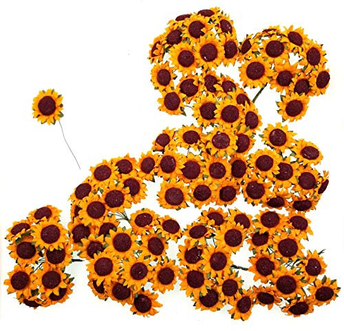 JZK 100 x Gelb Künstliche Plastik Sonnenblumen, Gefälschte Blumen Tischdeko für Hochzeit Party Tisch Scatters Konfetti, DIY Scrapbook Zubehör, Einladung Karte Dekoration