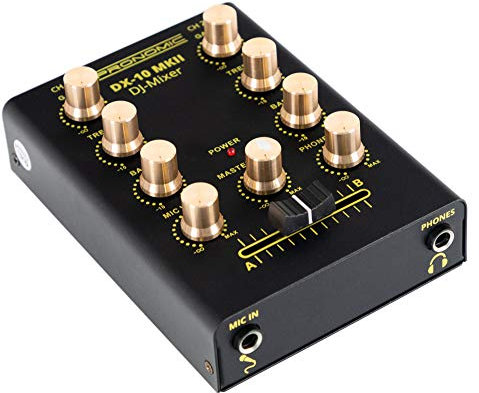 Pronomic DX-10 MKII DJ Mixer - kompakter 2-Kanal-DJ-Mixer mit zwei Line-Eingängen und 2-Band Equalizer - Mikrofoneingang mit separatem Laustärkeregler - Master- und Kopfhörer-Ausgang - schwarz
