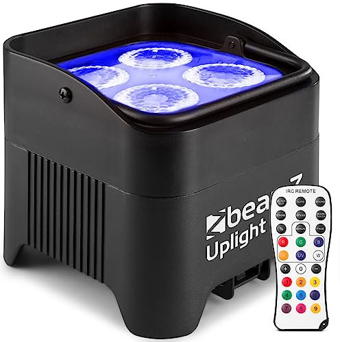 BeamZ BBP94W Uplight LED Par Strahler, 4 x 10 Watt, Akku Bühnenbeleuchtung für DJ Pult, RGB-WA UV, Bühnenlicht, DMX-WLAN, Partylicht Musikgesteuert, Bühnenequipment, Fernbedienung