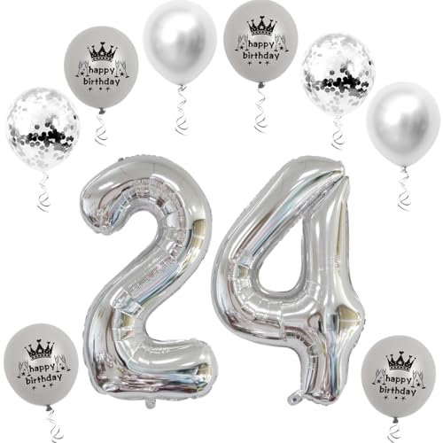 XL Folienballon 24 Geburtstag, Folienballon Zahl 24, Zahl 24 Silber, Luftballons Zahl 24, Nummer 24 Luftballon Silber, 32 Geburtstagsdeko Ballon 24